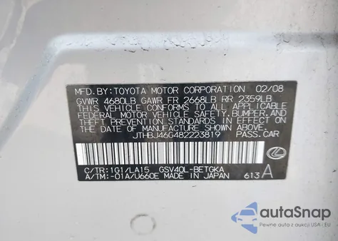 2008 Lexus Es 350 from USA, damaged, VIN JTHBJ46G482223819